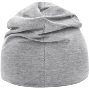 A grey jersey beanie featuring a soft, snug fit and a simple, unembellished design.