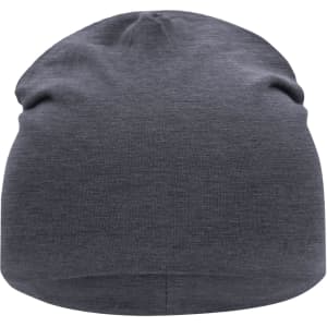 A grey jersey beanie laid flat, showcasing a soft, stretchy fabric. The beanie features a logo.