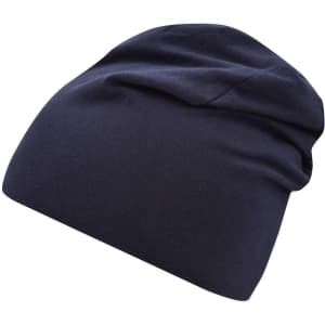 A navy Jersey Beanie with a slouchy design, featuring a simple logo.