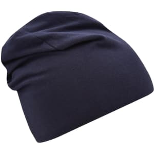 A navy blue Jersey Beanie featuring a slouchy design and a subtle brand logo.