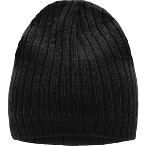 A knitted hat in black with a ribbed texture. Features a logo on the side.