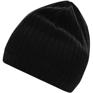 A black knitted hat with a ribbed texture, featuring a simple design and no visible logos.