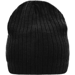 A black knitted hat with a ribbed texture and a soft finish. It features a logo on one side.