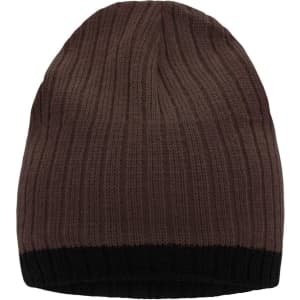 A knitted hat in shades of brown with a black brim, featuring a logo on the side.