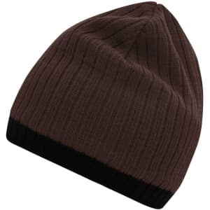 A knitted hat in brown with a black band at the bottom, featuring a logo on one side.
