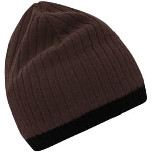 A knitted hat in dark brown with a black cuff and a ribbed texture. It features a logo on the side.