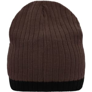 A knitted hat in brown with a black band at the bottom, featuring a ribbed texture and a logo.