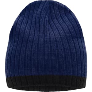 A knitted hat in blue with a black brim, featuring a ribbed texture and a logo.