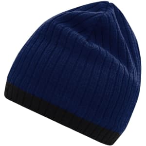 A knitted hat in navy blue with a black ribbed band at the bottom. It has a textured pattern and a logo.