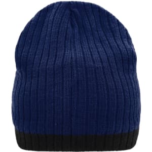 A knitted hat featuring a navy blue body with a black brim. It has a ribbed texture and a simple design.