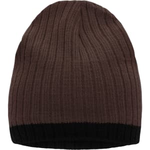 A knitted hat in shades of brown with a black band at the bottom and a textured ribbed pattern.
