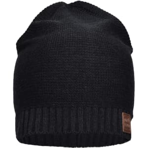 A black cotton hat featuring a textured knit design and a small logo tag on the side.