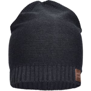 A knitted cotton hat in dark grey with a ribbed brim and a small logo patch.