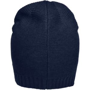 A navy cotton beanie with a ribbed edge and a knitted texture, featuring a logo on the side.