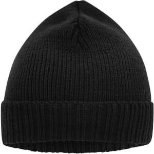 A black knitted beanie with a rolled cuff design, featuring a logo on the side.