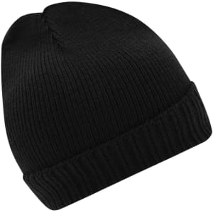 A black knitted beanie with a ribbed cuff and a soft texture. It features a logo on the side.