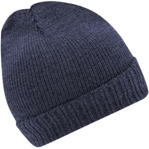 A basic knitted beanie in dark navy, featuring a ribbed design and a folded brim.