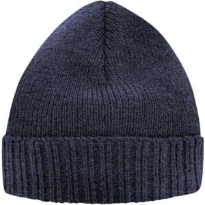 A navy blue knitted beanie with a ribbed cuff, featuring branding on the side.