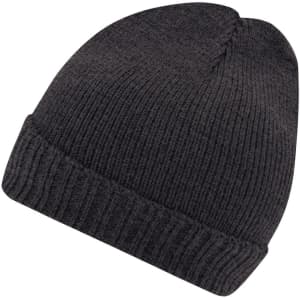 A dark grey knitted beanie with a fold-over cuff and a simple design, featuring a logo on the side.