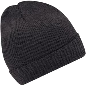 A dark grey knitted beanie with a ribbed brim and a soft texture. It has a logo on the side.