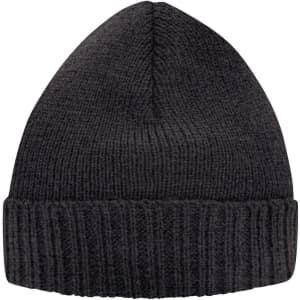 A black knitted beanie with a ribbed cuff and a smooth top. The beanie features a logo.