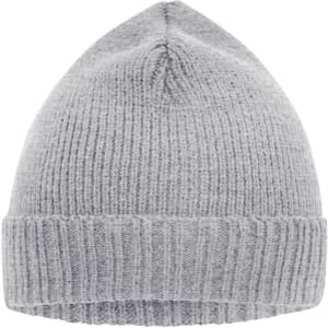 A grey knitted beanie featuring a ribbed design and a folded cuff. It includes a logo on the side.