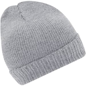 A grey knitted beanie with a cuffed design and a subtle logo.