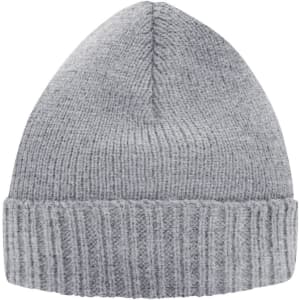 A grey knitted beanie with a ribbed cuff, featuring a logo on the side.