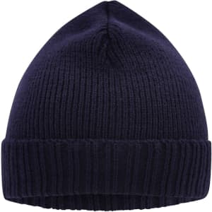 A navy blue knitted beanie with a ribbed cuff and a seamless top. Features a logo on the side.