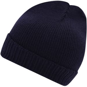 A navy knitted beanie with a ribbed texture and folded cuff, featuring a branding logo.