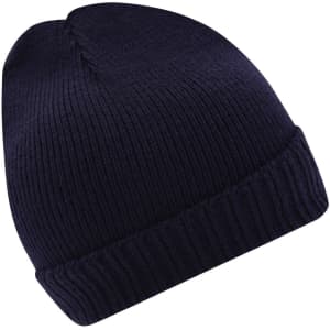 A dark navy knitted beanie with a ribbed texture and rolled brim, featuring a logo on the side.