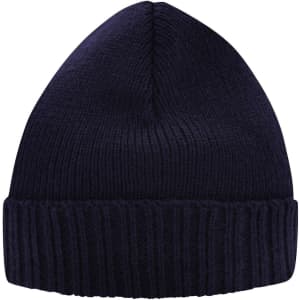 A navy blue knitted beanie with a ribbed cuff and a smooth top. Features a logo on the side.