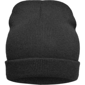 A black knitted beanie with a rolled cuff and ribbed texture. It features a branding logo.