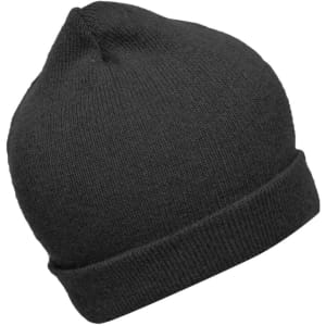 A black knitted beanie with a folded cuff and a rounded top. It features a logo on one side.