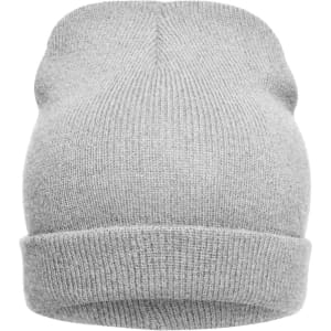 A grey knitted beanie with a cuffed hem and a smooth, textured finish. It features a logo on one side.