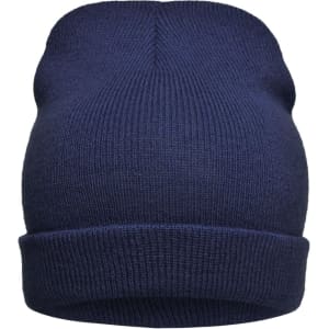A navy blue knitted beanie with a ribbed texture and folded cuff, featuring a logo on the side.