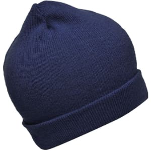 A knitted beanie in dark navy blue featuring a folded edge and a seamless top. It has a branding logo.