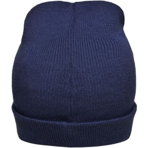 A knitted beanie in navy blue, featuring a ribbed design and a turned-up brim, with a logo present.