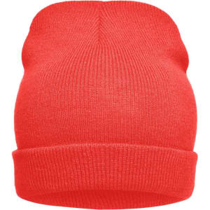 A bright red knitted beanie with a folded cuff and a smooth texture. It features a small logo on the side.