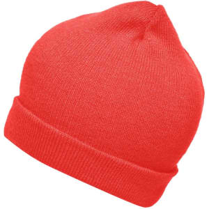 A red knitted beanie with a folded cuff and a pointed top. It features a small logo.