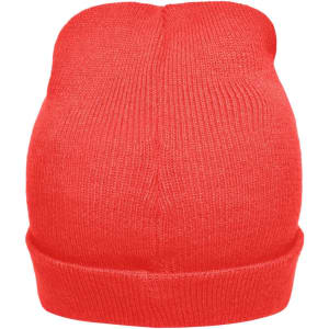 A red knitted beanie with a cuffed edge, featuring a branding logo on the side.