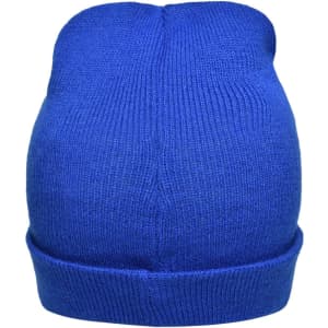 A blue knitted beanie featuring a ribbed design and a folded cuff, with a logo on the front.