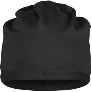 A black beanie made of bio cotton, featuring a simple design and a logo on the side.