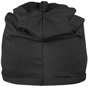 A black bio cotton beanie with a gathered design at the top and a smooth finish. Features a logo.