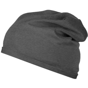 A black beanie made from bio cotton, featuring a slouchy design and a small logo.