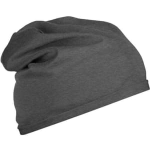A grey beanie with a soft, slouchy design, featuring a simple branding logo.