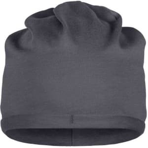 A grey beanie with a slouchy design made from bio cotton, featuring a simple logo.