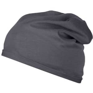 A grey beanie made from bio cotton, featuring a slouchy design and a smooth finish.