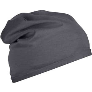 A grey Bio Cotton beanie with a relaxed, slouchy design and a simple branding logo.