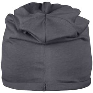 A grey Bio Cotton beanie with a unique design featuring folds at the top. It has a logo on it.